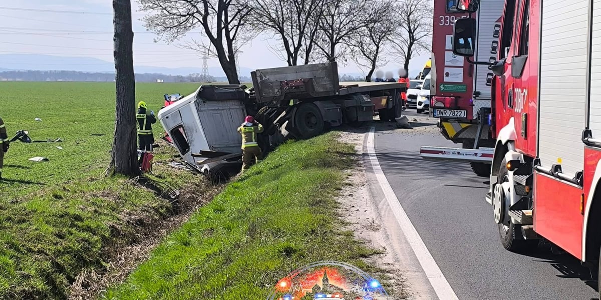 Wypadek na DK 35 w Wojnarowicach - widać przewrócony samochód ciężarowy oraz strażaków 
