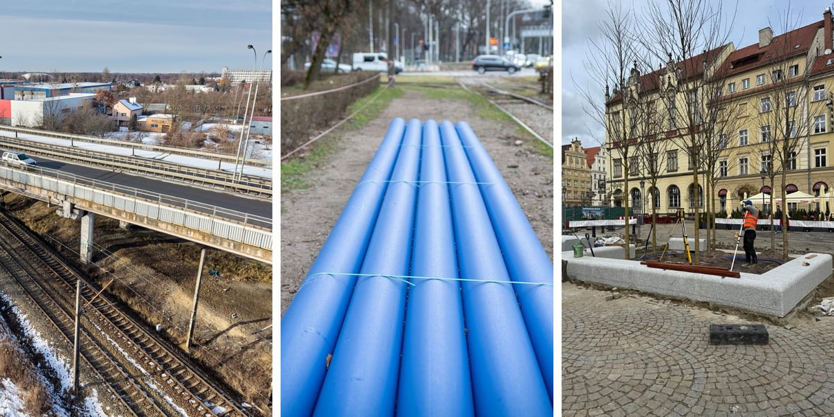 Zdjęcie podzielone na trzy części: z lewej - Estakada na Al. Sobieskiego i jadący po niej samochód; w środku - rury z tworzywa sztucznego, które zastąpią żeliwną magistralę wodociągową na ul. Mickiewicza; z prawej - prace przy zazielenianiu Rynku - tworzenie boskiety koło pomnika Fredry.