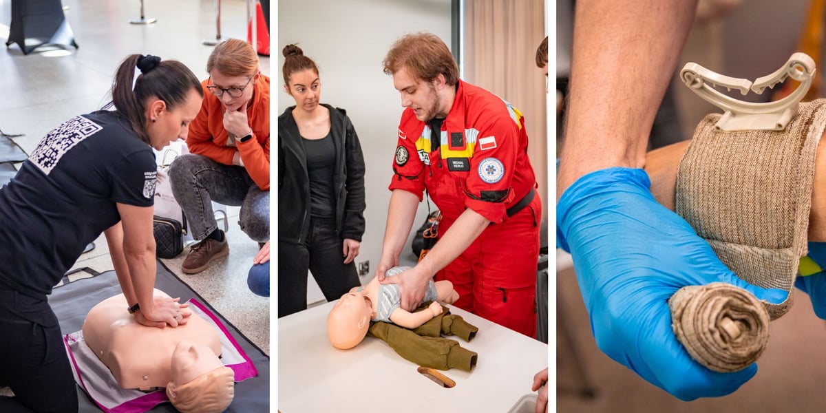 Zdjęcie podzielone na trzy części: z lewej - dwie kobiety podczas ćwiczenia akcji resuscytacyjnej na fantomie; w środku - ratownik demonstrujący jak wykonać masaż serca niemowlakowi; z prawej - dłoń ratownika owijająca ramię poszkodowanego opaską uciskową.