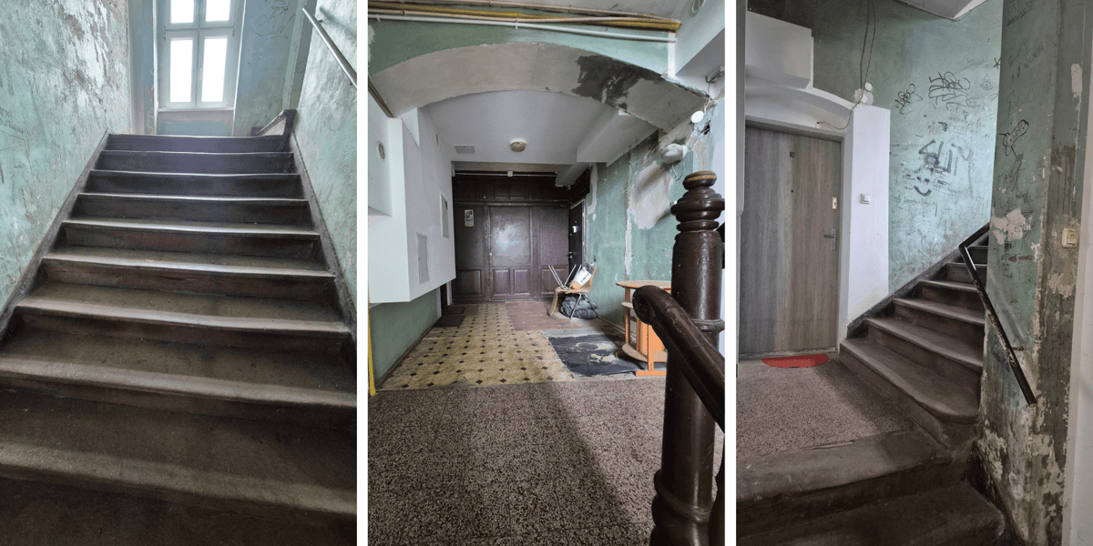 Na wszystkich trzech zdjęciach wnętrza klatki schodowej budynku przy Benedyktyńskiej 22