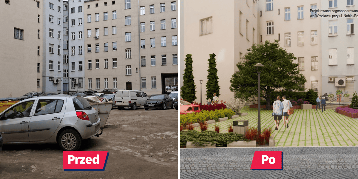 Po lewej - obecny stan podwórka przy Nobla isw. Wincentego, po prawej wizualizacja efektu 