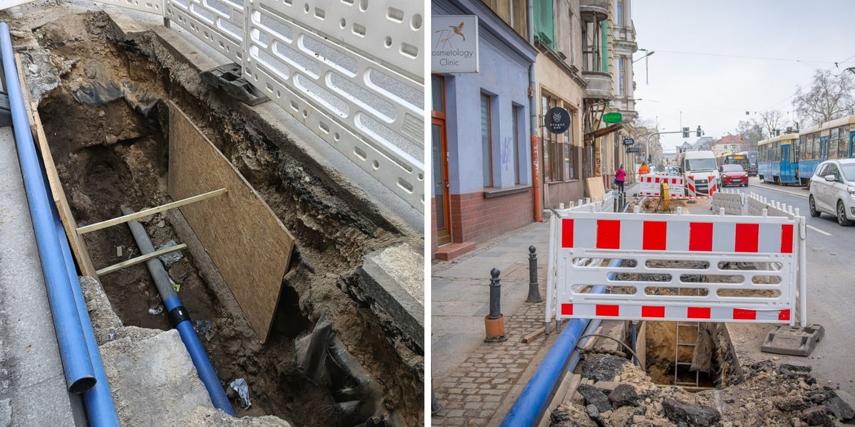 Zdjęcie podzielone na pól - z lewej - widoczny wykop z ułożonymi na dnie rurami z niebieskiego tworzywa, po prawej - ul. Skargi z wygrodzonym białymi płotkami wykopem - modernizacja sieci wodociągowej prowadzona przez MPWiK.