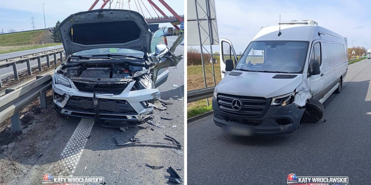 Zdjęcie podzielone na pół: z lewej - przód rozbitego auta osobowego na autostradzie A4, z prawej - uszkodzony wskutek kolizji samochód dostawczy - wypadek na A4 10 kwietnia 2026 r.