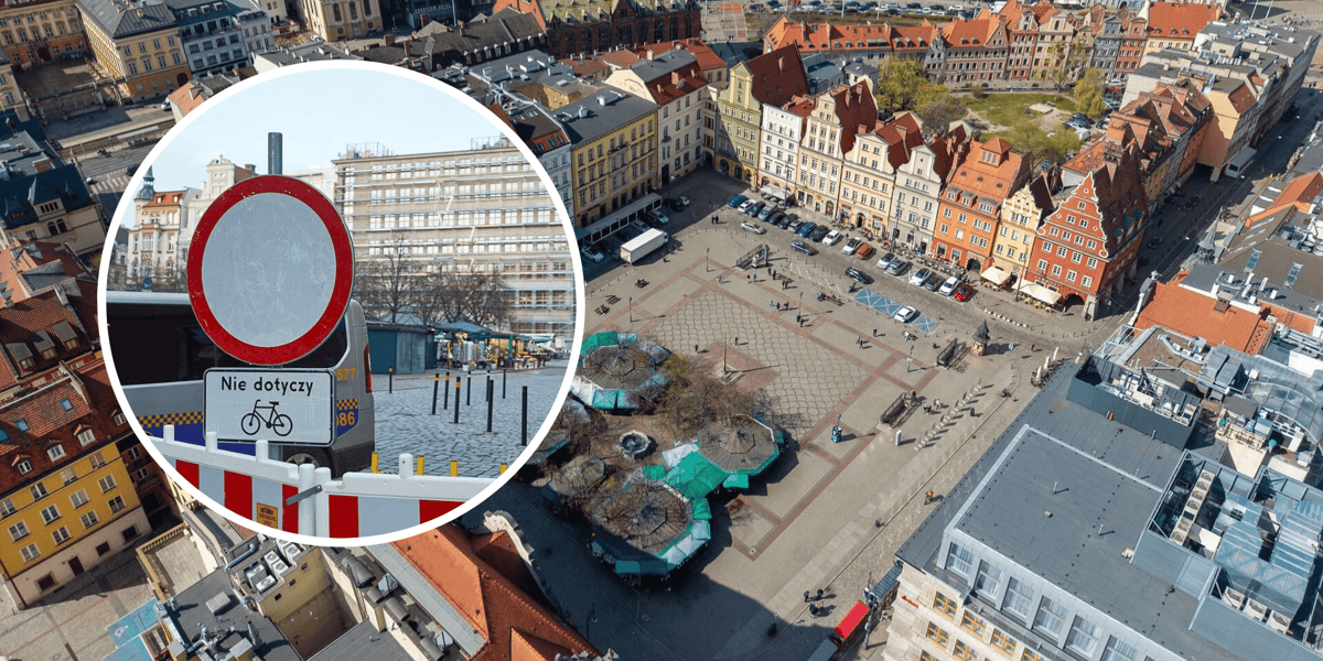 Plac Solny z loty ptaka, w kółeczku znak zakazu ruchu postawiony przy okazji zamknięcia placu Solnego dla samochodów i motocykli zimą, podczas funkcjonowania jarmarku Bożonarodzeniowego / zdjęcie ilustracyjne 