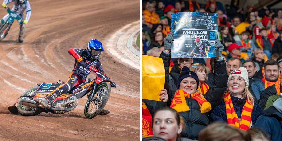 Zdjęcie podzielone na pół: z lewej - zawodnik Sparty Wrocław podczas jazdy na torze, z prawej - kibice dopingujący wrocławską druzżynę na trybunach.