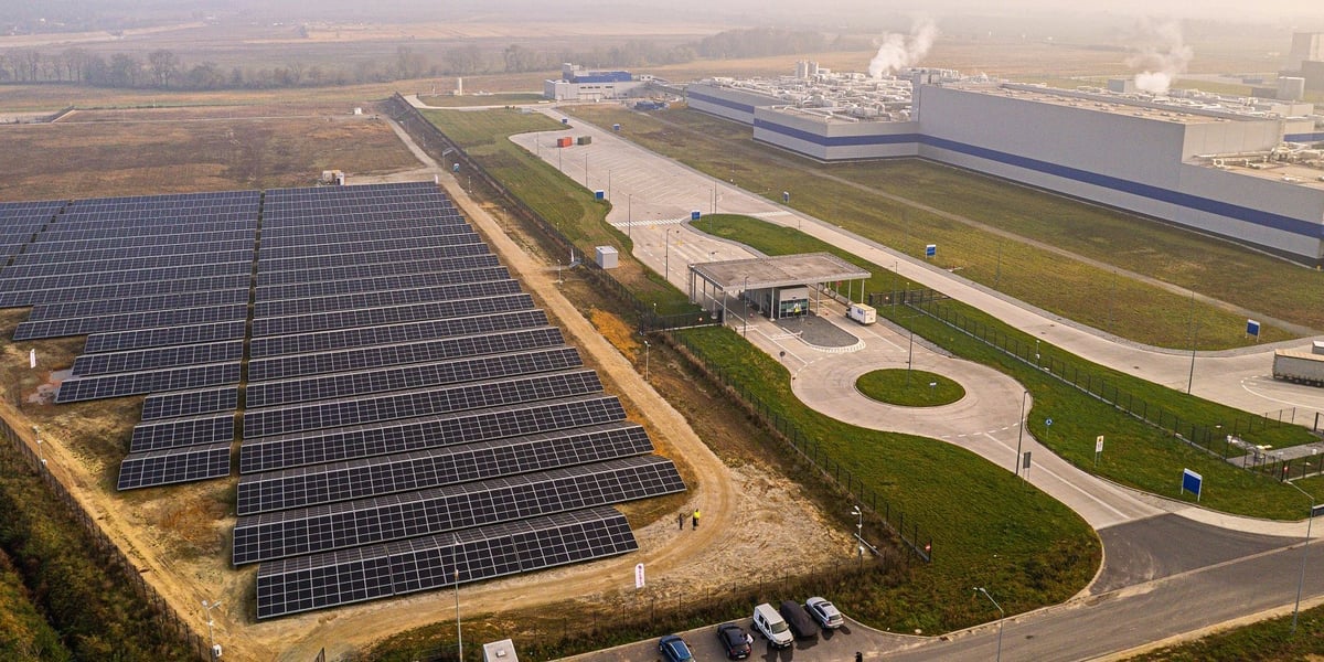 Luftaufnahme: Fotovoltaikpark und Hallen des PepsiCo-Werks in Święte bei Wrocław