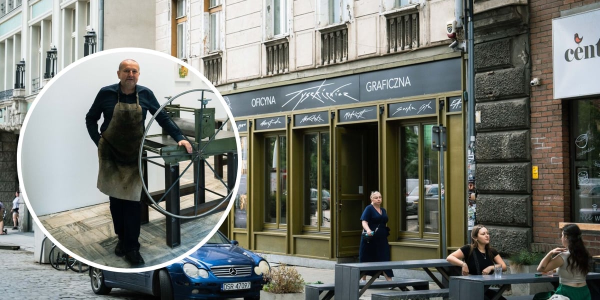 Photo caption: Collage of two photographs – the signboard of Tyszkiewicz Graphic Art House and Professor Przemysław Tyszkiewicz at the graphic press, 