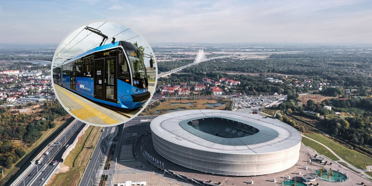 Aerial view of Tarczyński Arena in Wroclaw, with a tram in the circle (illustrative photo)