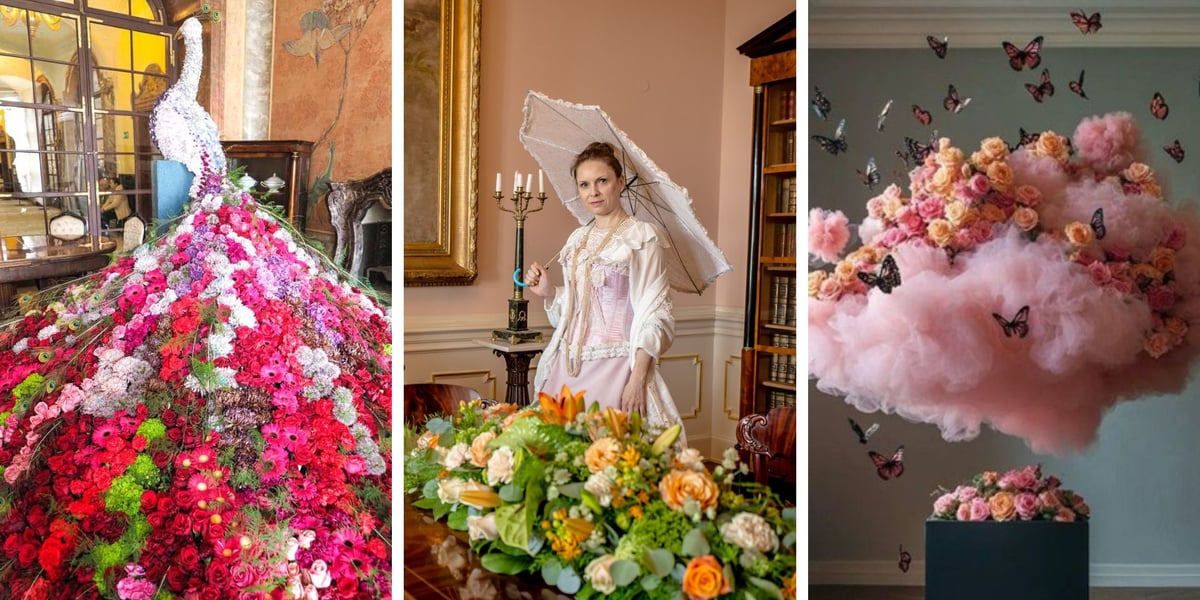 Na trzech zdjęciach od lewej paw zrobiony z kwiatów, modelka w sukni, z parasolką przy kwietnej kompozycji w komnacie, jedno z florystycznych arcydzieł