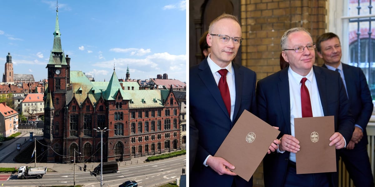 Na zdjęciu z lewej gmach Biblioteki Uniwersyteckiej przy Szajnochy, z prawej dyrektor Ossolineum i rektor Uniwersytetu Wrocławskiego z listami intencyjnymi 