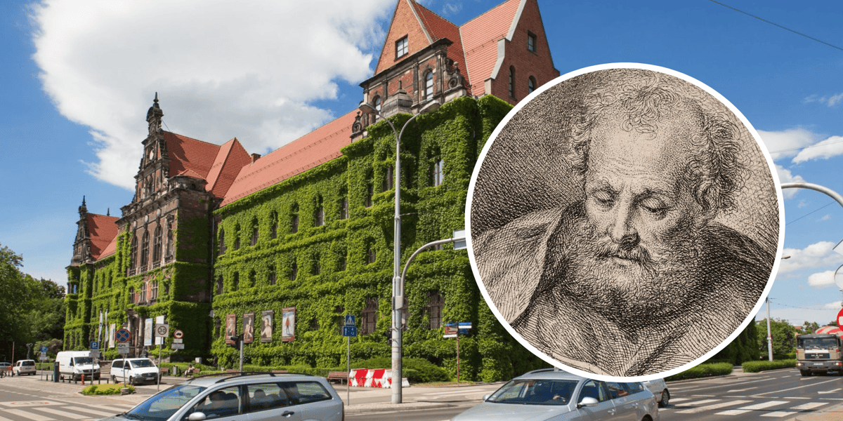 W tle budynek Muzeum Narodowego we Wrocławiu, z prawej strony w kółku dzieło z "Zestawu czterech portretów męskich [Trzej Apostołowie oraz Portret lubiąskiego opata Arnolda Freibergera], niedatowane" Michael Willmann
