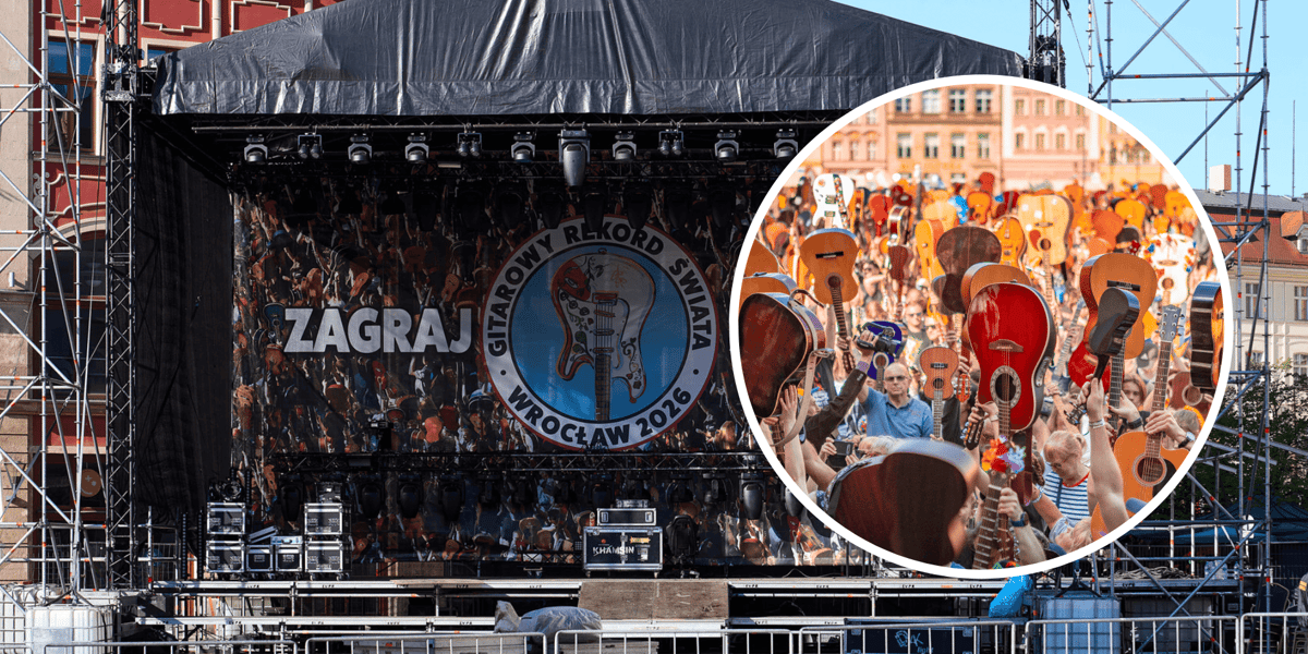 Scena Gitarowego Rekordu Świata 2026 w Rynku, w kółku z prawej tłum gitarzystów (zdjęcie archiwalne)