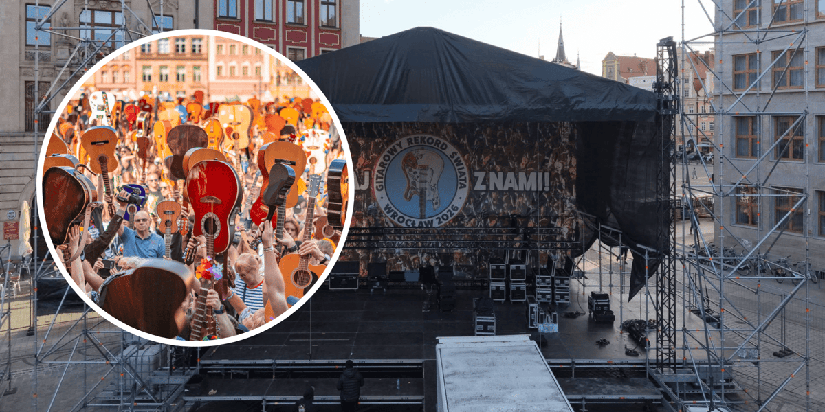 Scena Gitarowego Rekordu Świata 2026 w Rynku, w kółku z lewej tłum gitarzystów (zdjęcie archiwalne)