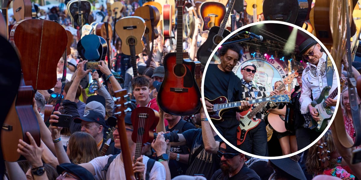 na zdjęciu dużym gitarzyści podnoszący gitary po próbie bicia Gitarowego Rekordu Świata 2026, na małym zdjęciu w kółku Leszek Cichoński i Al Anderson na scenie w rynku