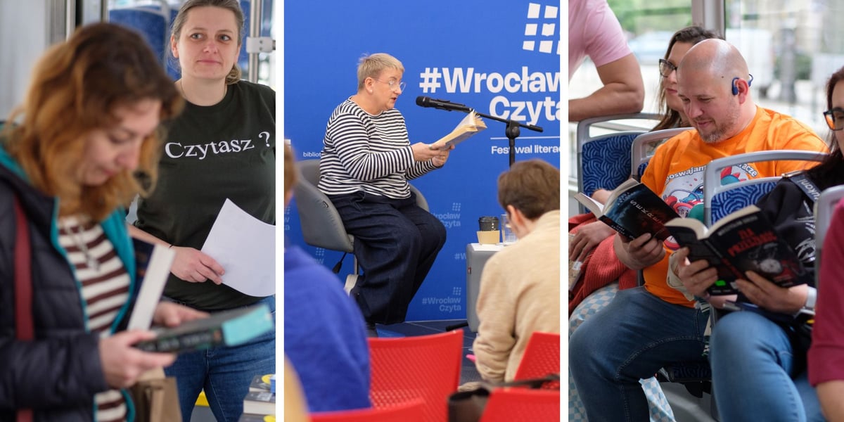 Zdjęcie podzielone na trzy części: z lewej - Dwie kobiety w BookTramie - jedna czytająca książkę; w środku siedząca kobieta na podium czytająca do mikrofonu książkę w tle plansza z napisem "Wrocław czyta"; w prawej - kilka osób siedzących w tramwaju i czytających książki.