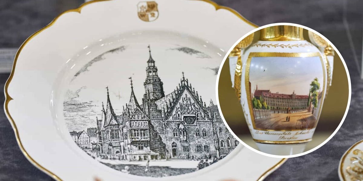 Na zdjęciu głównym talerz z obrazem wrocławskiego ratusza, na małym zdjęciu w kółku fragment malunku na porcelanowej wazie z widokiem Uniwersytetu Wrocławskiego