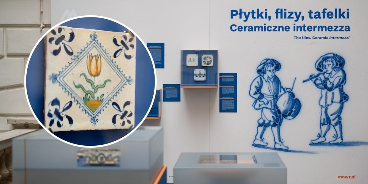 Na dużym zdjęciu gabloty na wystawie ceramiki w Muzeum Narodowym, na małym, zdjęciu jedna z holenderskich fliz z tulipanem