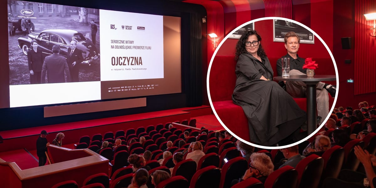 Na dużym zdjęciu sala Kina DCF podczas premiery filmu „Ojczyzna”, na małym zdjęciu w kółku  scenografowie filmu Katarzyna Sobańska i Marcel Sławiński