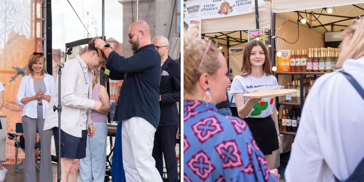 Po lewej: Jacek Sutryk wieszający medal na szyi laureata Delicji 2026, po prawej: dziewczyna z tacą na festiwalu na Rynku (6 czerwca 2026)