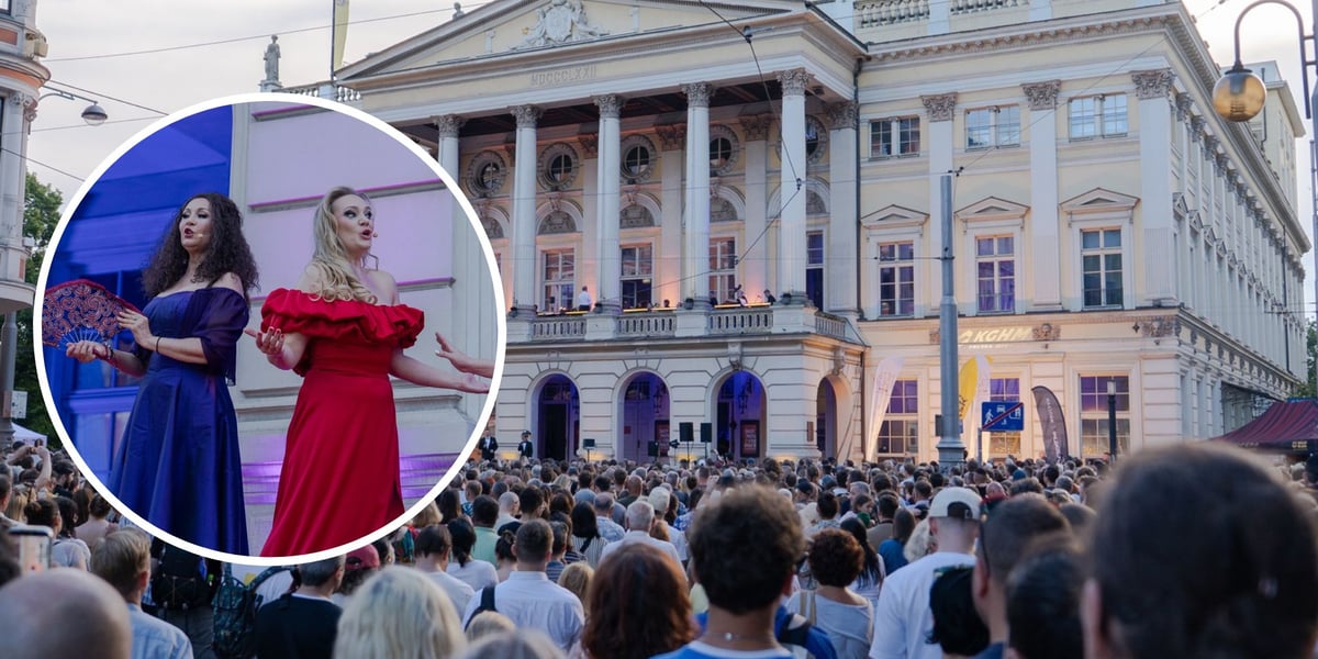 Na dużym zdjęciu tłumy Wrocławian przed Operą Wrocławską 21 czerwca, na małym zdjęciu w kółku Aleksandra Opała jako Carmen i Dorota Dutkowska jako Mercédès, jedna z jej przyjaciółek