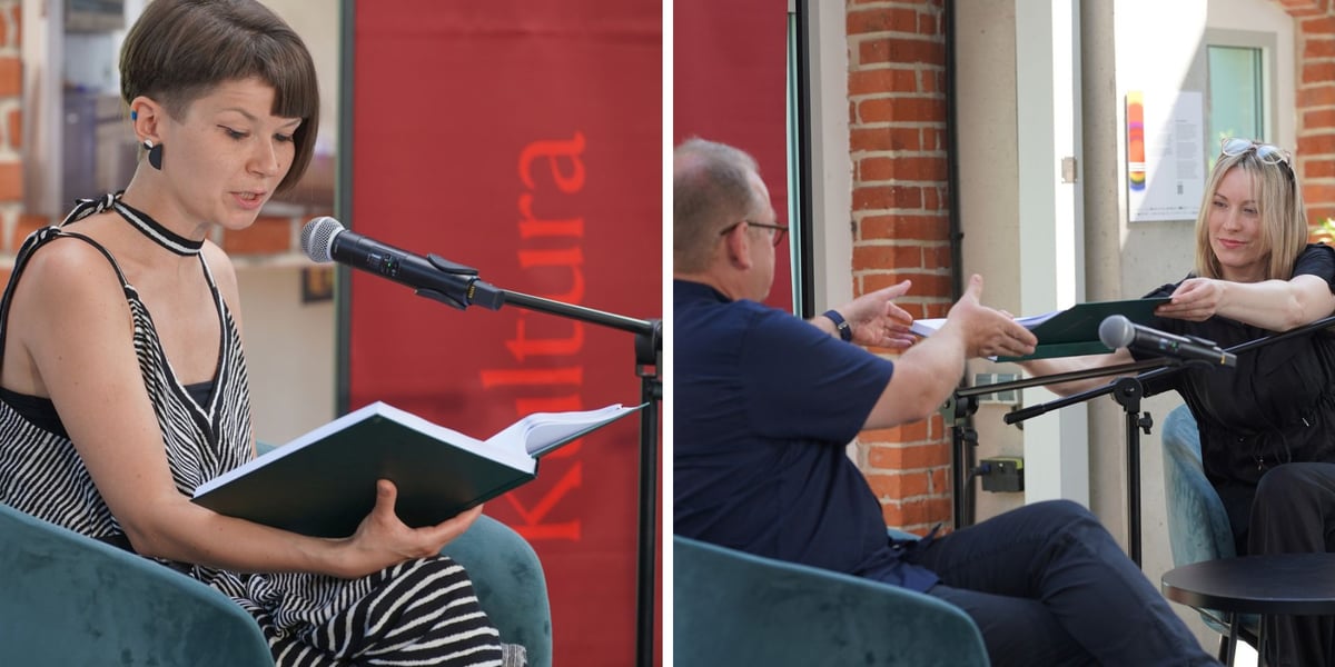 Zdjęcie podzielone na pół: z lewej - siedząca kobieta czytająca książkę do mikrofonu; z prawej - mężczyzna i kobieta podają sobie otwartą książkę - 12. Wrocławski Maraton Czytelniczy, 21 czerwca 2026 r.