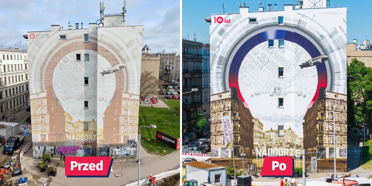 Widok na kamienicę z muralem przed (po lewej) i po renowacji (po prawej). Grafika muralu nawiązuje do ogromnej dziurki od klucza, przez którą widać kamienice i uliczki osiedla Nadodrze, nad którymi lata sterowiec.