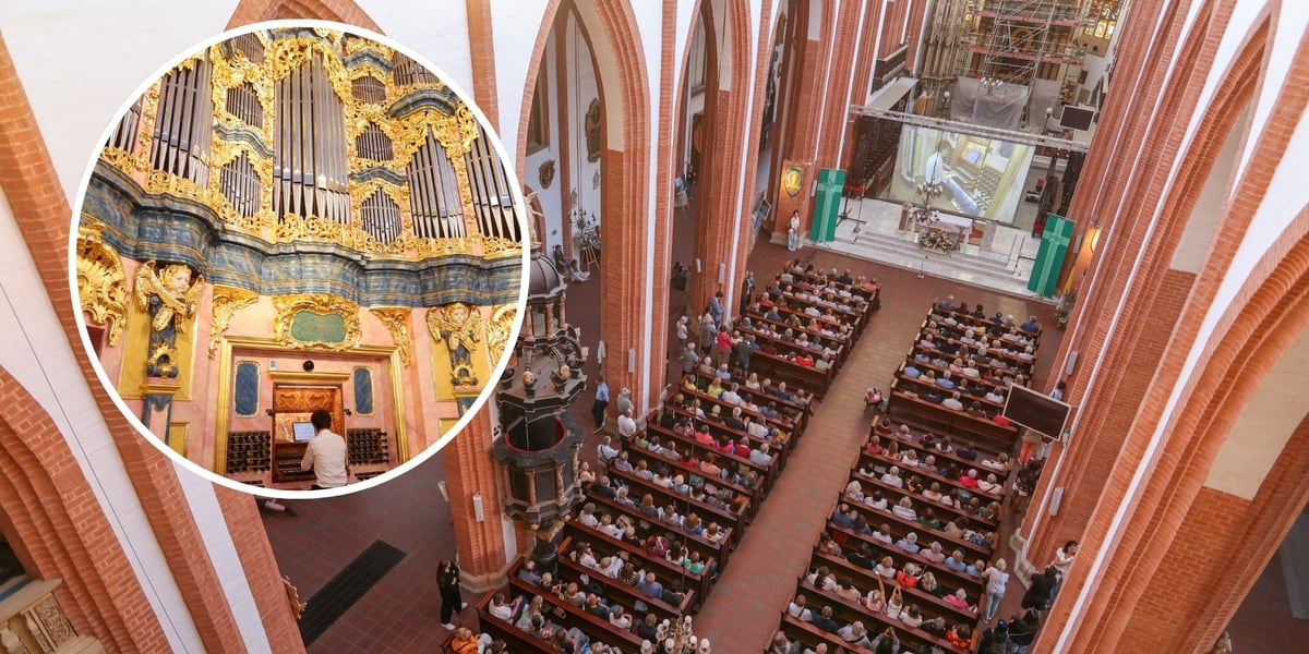 Zdjęcie z chóru ukazujące wnętrze kościoła św. Elżbiety, w lewej części w okrągłym kadrze - fragment organów Englera.