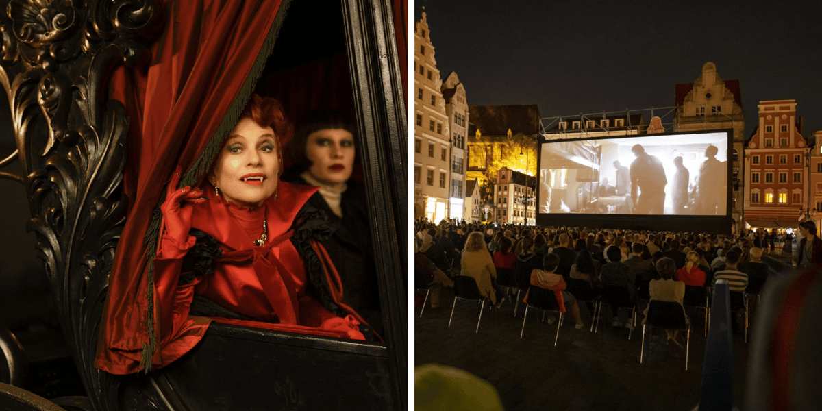 Zestawienie 2 zdjęć: z lewej kadr z filmu "Blood Countess", reż. Ulrike Ottinger (dwie postaci w karocy), z prawej ekran kinowy w Rynku we Wrocławiu