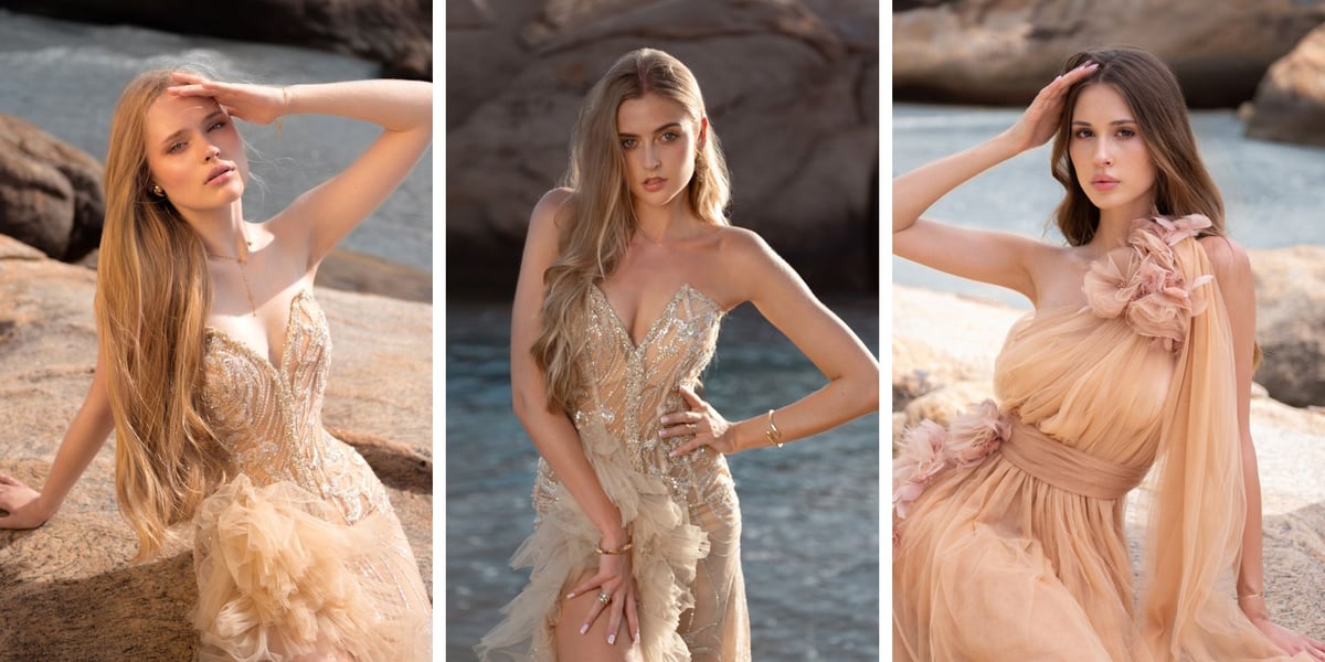 Trzy finalistki Miss Polski 2026 w beżowych sukniach. Od lewej: Maria Piaścik (mazowieckie), Eliza Ciuła (dolnośląskie), Marta Zaturska (łódzkie)