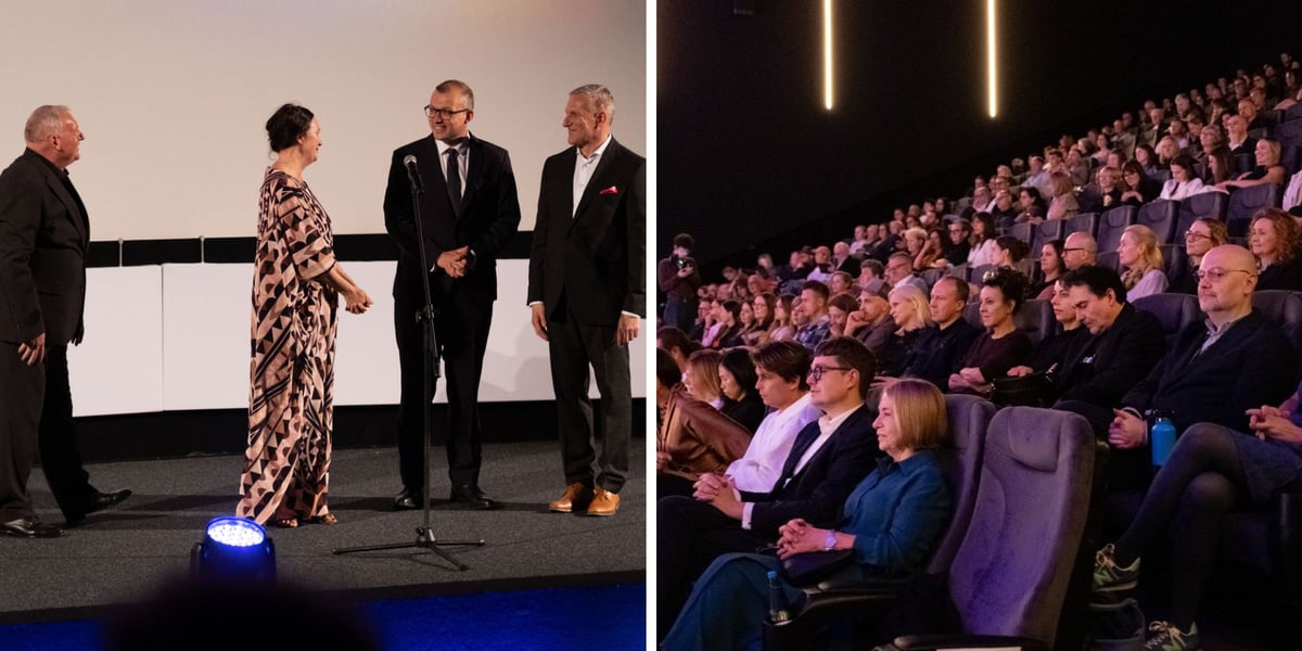 Kolaż przedstawia scenę z czterema elegancko ubranymi osobami po lewej stronie oraz widownię wypełniającą ciemną salę kinową po prawej. We Wrocławiu rozpoczął się festiwal Tauron Nowe Horyzonty , 23.07.2026