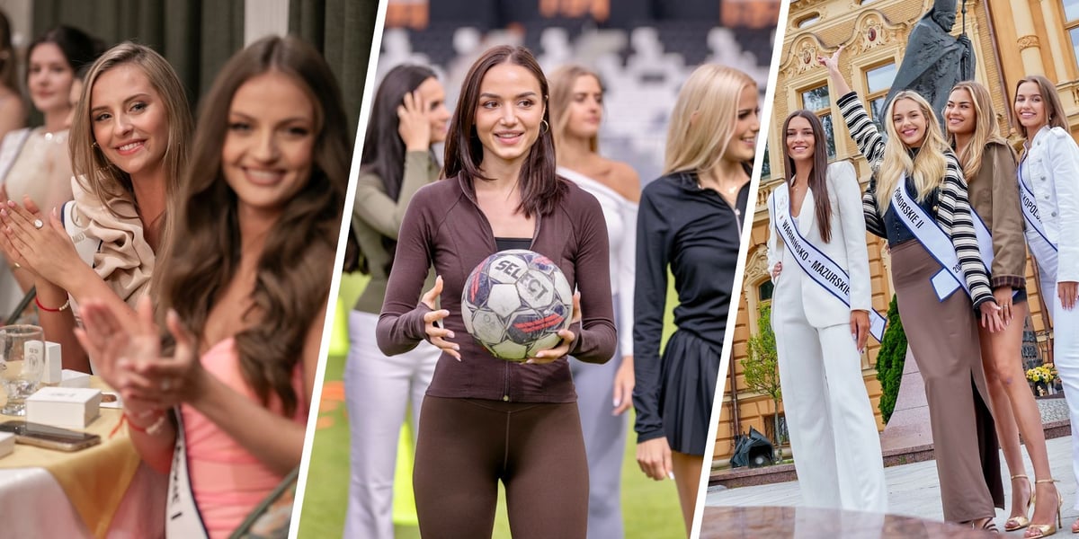 Finalistki na kolacji przy stole, na murawie stadionu i przed ratuszem w Nowym Sączu