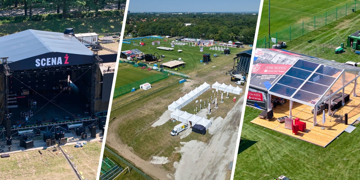 Budowa miasteczka Męskiego Grania na Polach Marsowych, trzy zdjęcia z drona: czarna scena przygotowywana do występu górującym napisem "Scena Ż"; ogólna panorama Pól Marsowych z widoczną infrastrukturą koncertową; wiata w której urządzona zostanie jedna ze stref festiwalu