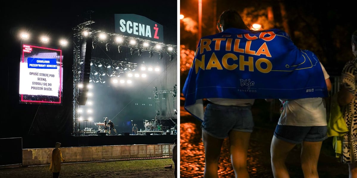 dwa zdjęcia, od lewej: Scena Ż z wyświetlonym na telebimie komunikatem "Opuść  strefę pod sceną. Stosuj się do poleceń służb"; ubrane w letnie stroje osoby kryją się przed deszczem pod niebieskim kocem