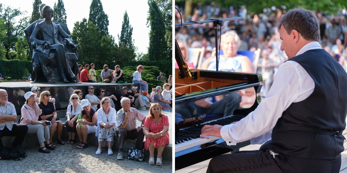 dwa zdjęcia z koncertu: publiczność z pomnikiem Chopina w tle; pianista w trakcie koncertu