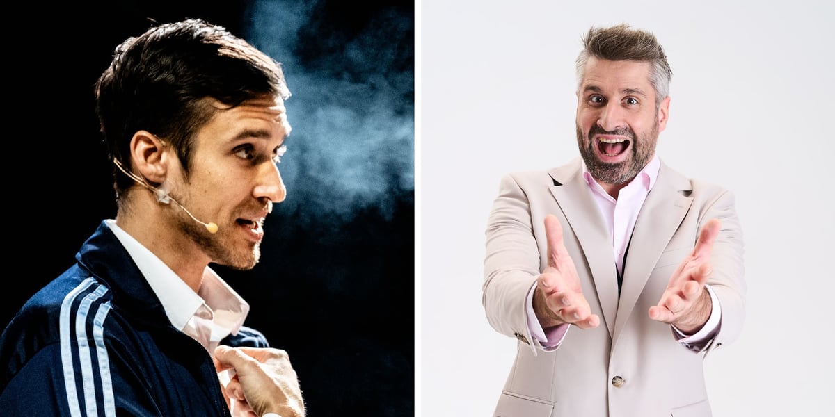 dwa zdjęcia, od lewej: Dominik Smaruj (aktor w trakcie występu teatralnego, ubrany w białą koszulę i ciemną bluzę dresową z trzema paskami); Piotr Gumulec (zdjęcie entuzjastycznego mężczyzny w jasnym garniturze podczas profesjonalnej sesji fotograficznej)