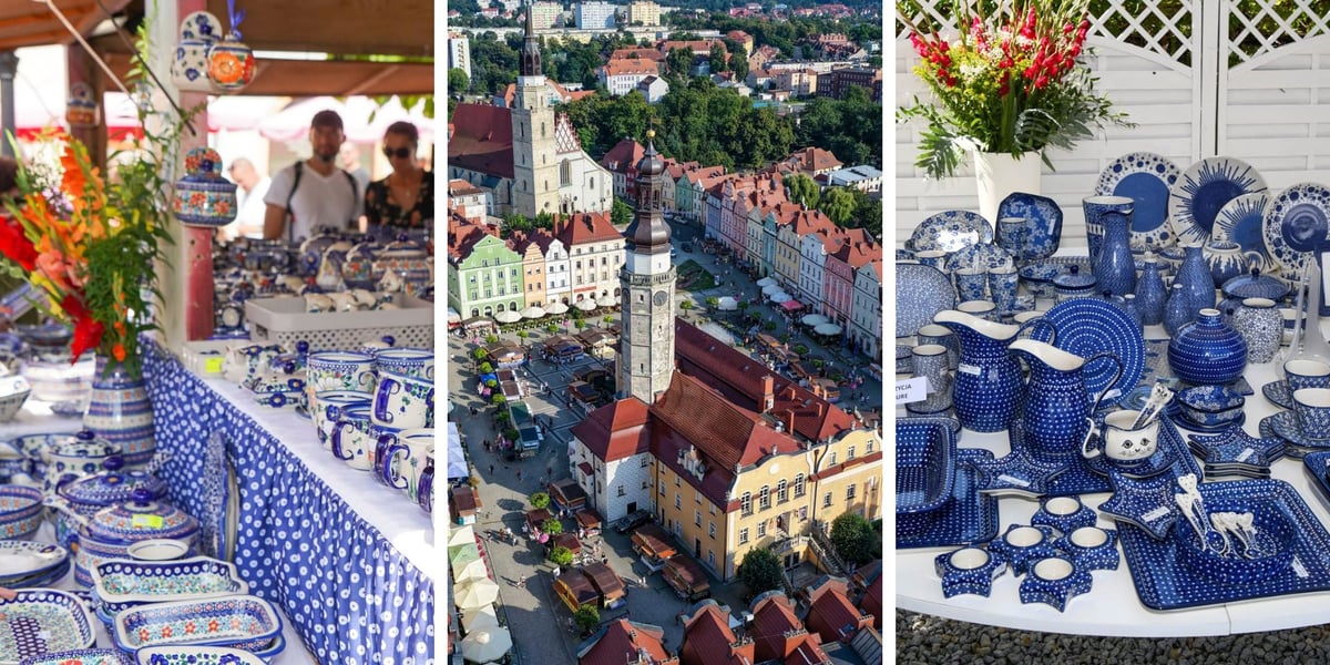 Na zdjęciach od lewej: jedno ze stoisk z bolesławiecką ceramiką, rynek w Bolesławcu z lotu ptaka, słynna ceramika w niebiesko-białe wzory