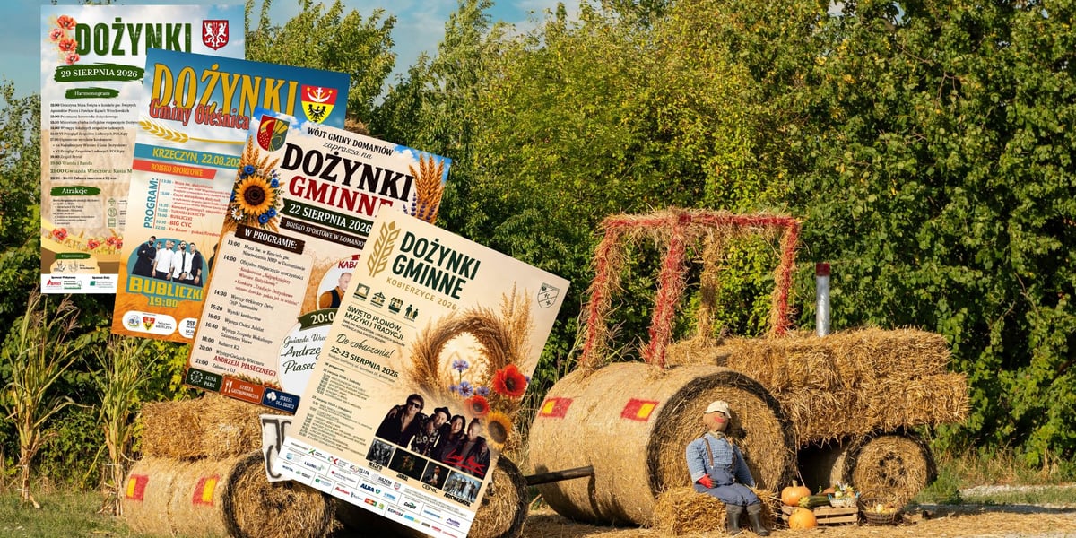 zdjęcie ilustracyjne: traktor ze słomy - tzw. witacz dożynkowy; z lewej strony miniatury czterech plakatów zapowiadających wydarzenia dożynkowe w gminach
