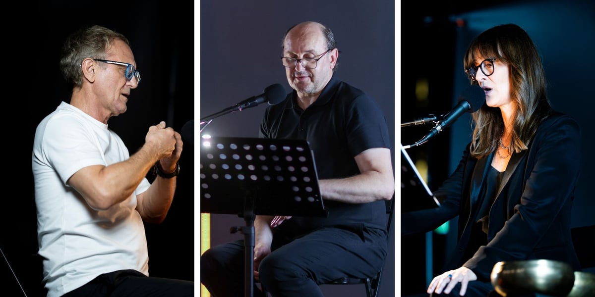 Zestawienie 3 zdjęć: od lewej Andrzej Chyra, obok Adam Woronowicz, z prawej Maja Ostaszewska. Teatr PO KOLEI na Dworcu Głównym