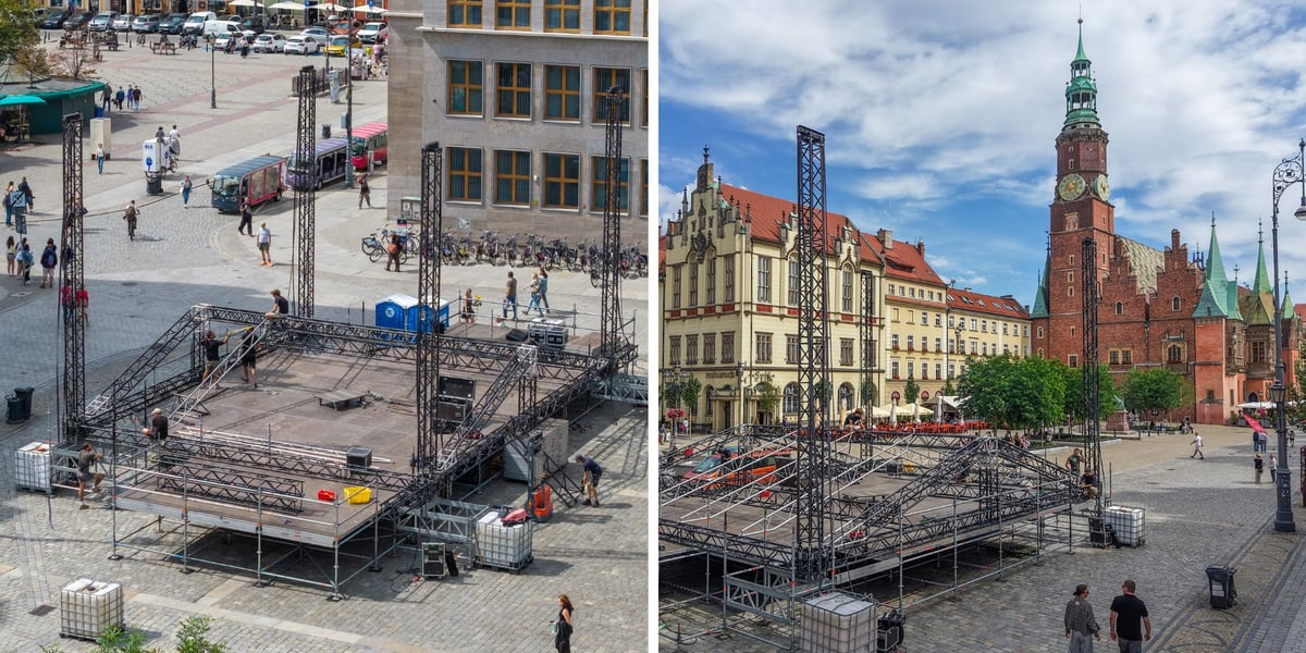 dwa zdjęcia z budowy sceny na Rynku: scena powstaje przy wejściu na Rynek od strony pl. Solnego; w tle widoczny jest Stary Ratusz