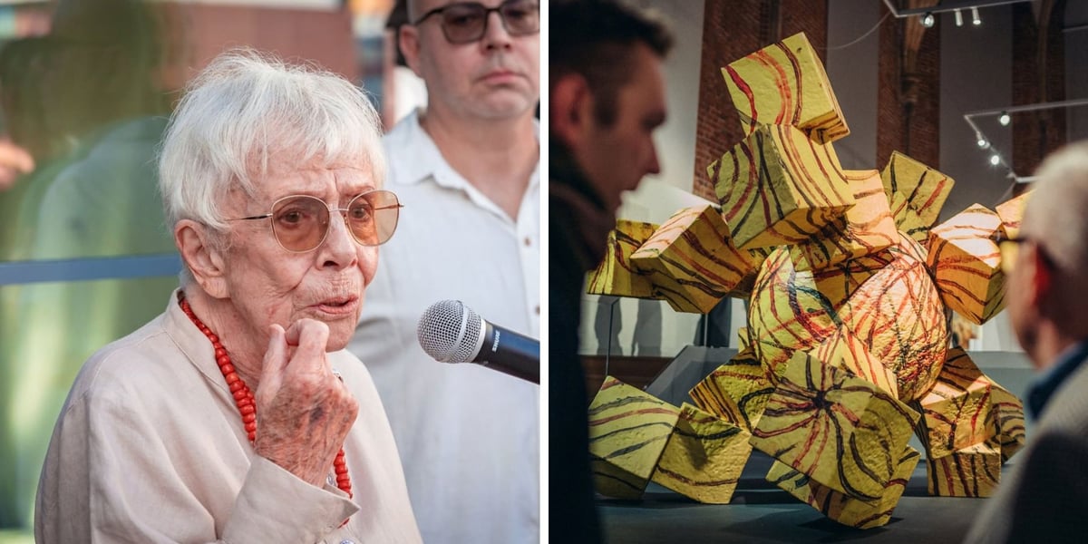 Anna Szpakowska-Kujawska (portret) | Rzeźba "Spacer w Parku Południowym" na minionej wystawie w Muzeum Architektury we Wrocławiu