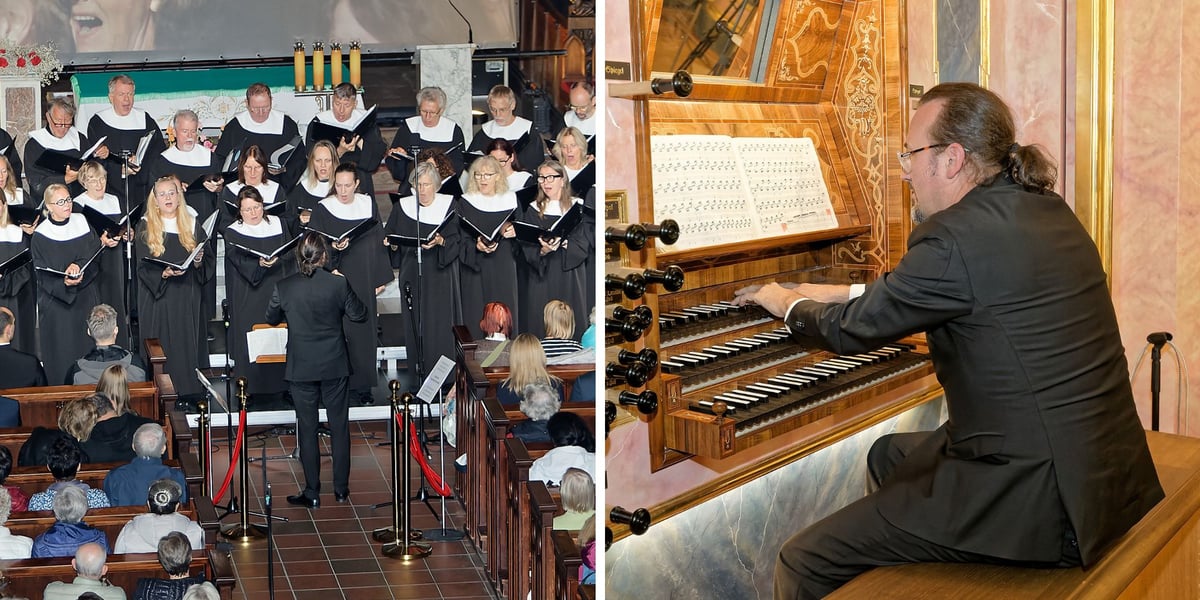 dwa zdjęcia z występu w bazylice św. Elżbiety: Chór Kościoła Frauenkirche oraz Jan Surma przy organach Englera