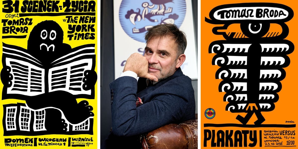na zdjęciu z lewej plakat Tomasza Brody na wystawę w Domku Miedziorytnika, Tomasz Broda podczas wystawy w Muzeum Teatru, plakat wystawy w galerii Versus