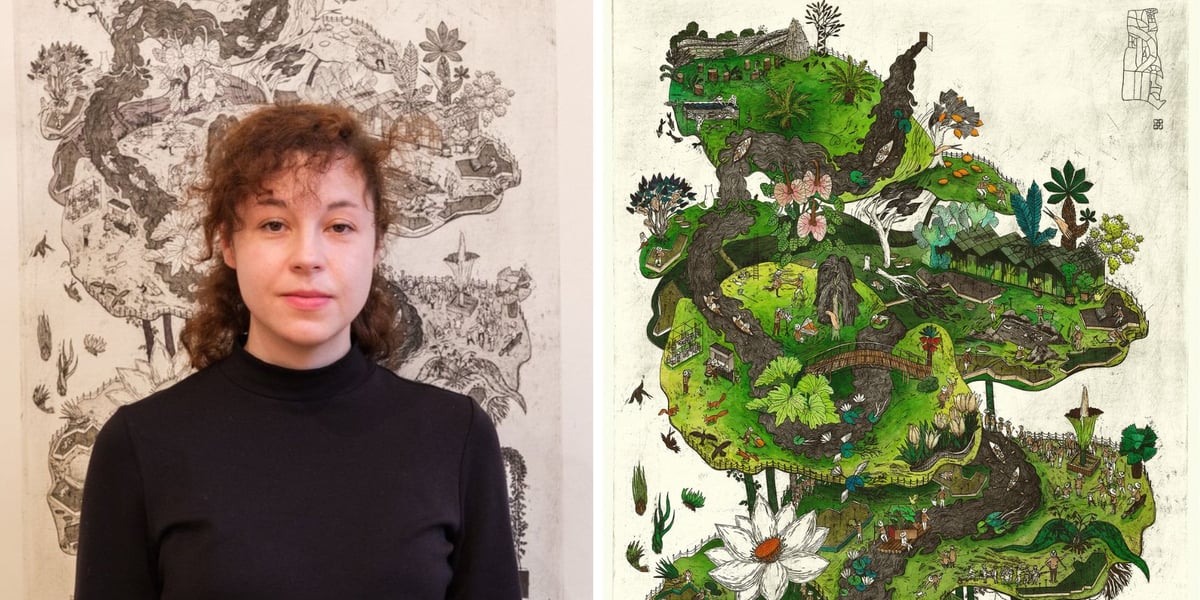 Na zdjęciu z lewej Modesta Gorol w Galerii M, z prawej grafika z Ogrodem Botanicznym Uniwersytetu Wrocławskiego