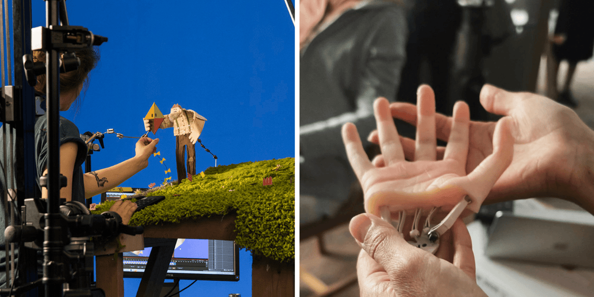 Kolaż 2 zdjęć przedstawiających studio animacji poklatkowej w Wytwórni Filmów Fabularnych we Wrocławiu. Z lewej na planie filmu "Latawiec", z prawej zbliżenie na dłoń wyposażonej w wewnętrzny szkielet lalki z filmu animowanego "Joy"