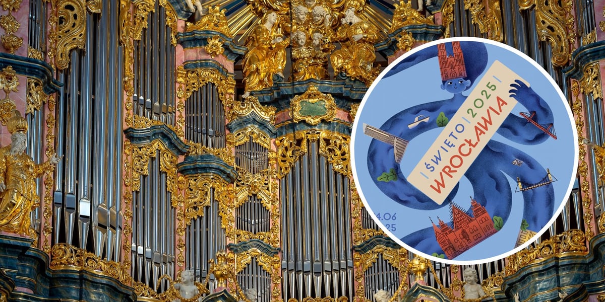 Na dużym zdjęciu organy Englera w kościele św. Elżbiety, na małym zdjęciu w kółku – plakat Święta Wrocławia 2025