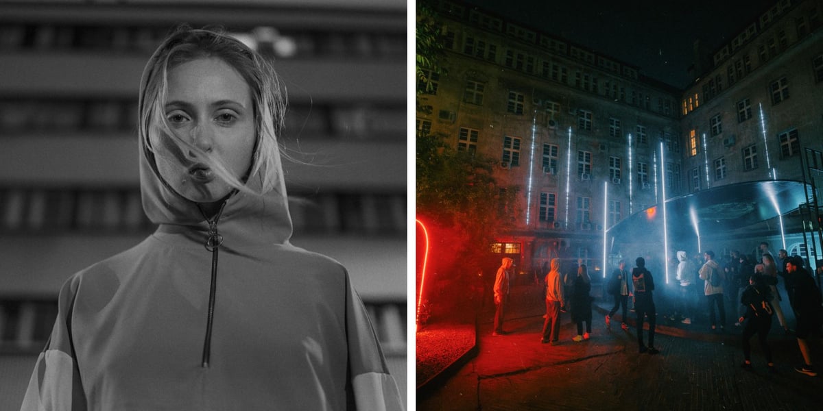 Europejska Noc Literatury 2023. Z lewej: Justyna Wasilewska, z prawej: dziedziniec klubu Ciało