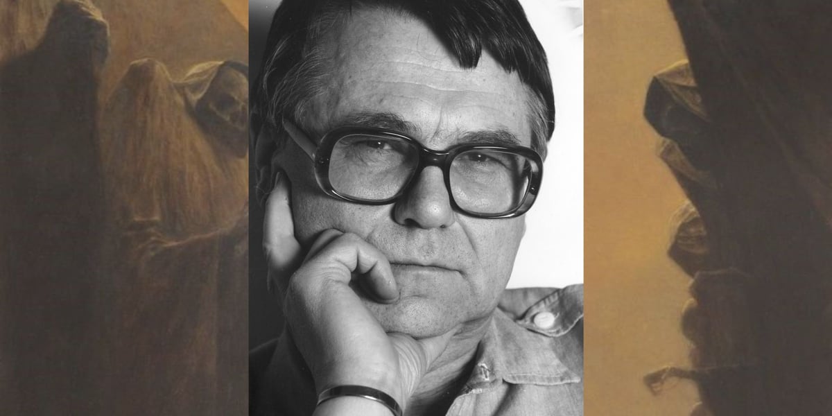 Zdzisław Beksiński na tle obrazu swojego autorstwa (lustrzane odbicie)