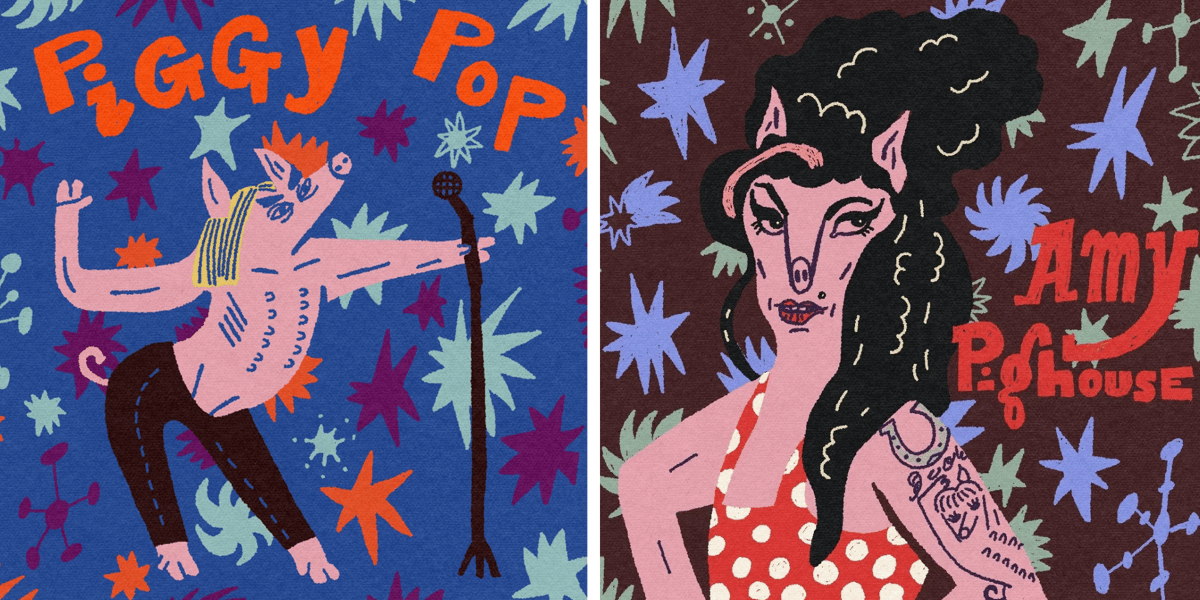 Plakat przedstawiający Iggy'ego Popa z mikrofonem (z lewej) i Amy Winehouse jako świnie