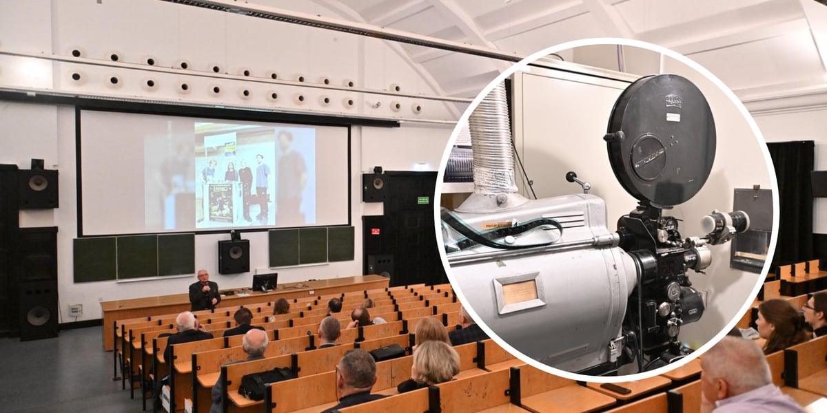 Odnowiona sala wykładowo-kinowa na Politechnice Wrocławskiej (zdjęcie główne), projektor 35mm (zdjęcie w kółku) 