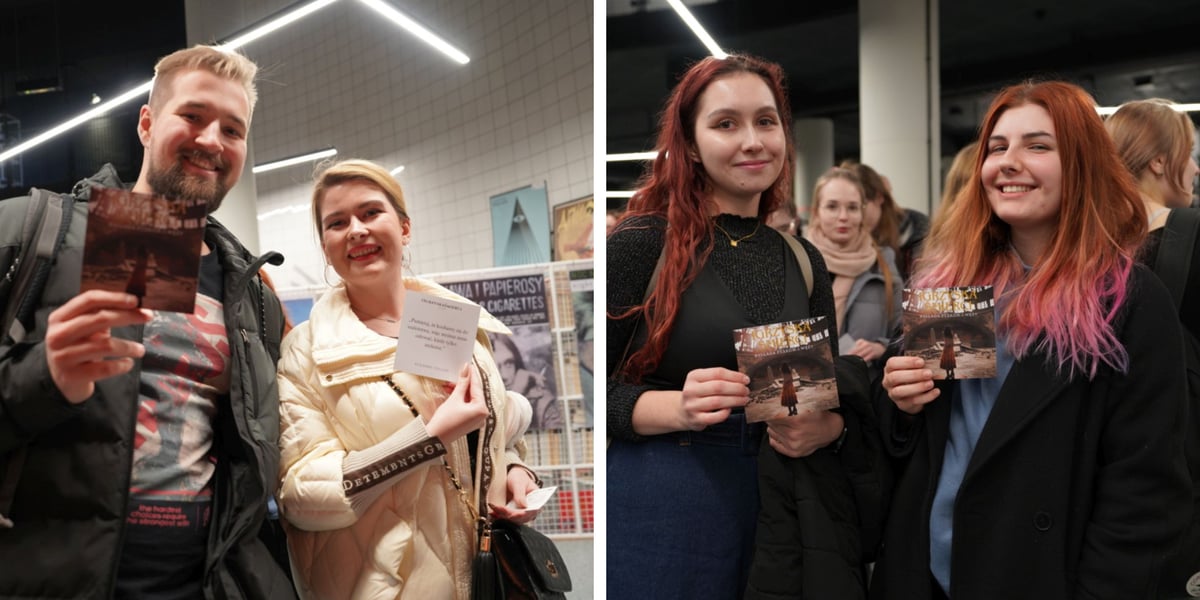 Widzowie na prapremierze filmu „Igrzyska śmierci: Ballada ptaków i węży”. Z lewej uśmiechnięta kobieta i mężczyzna, z prawej dwie kobiety trzymają w rękach zdjęcie Hali Stulecia - kadr z filmu